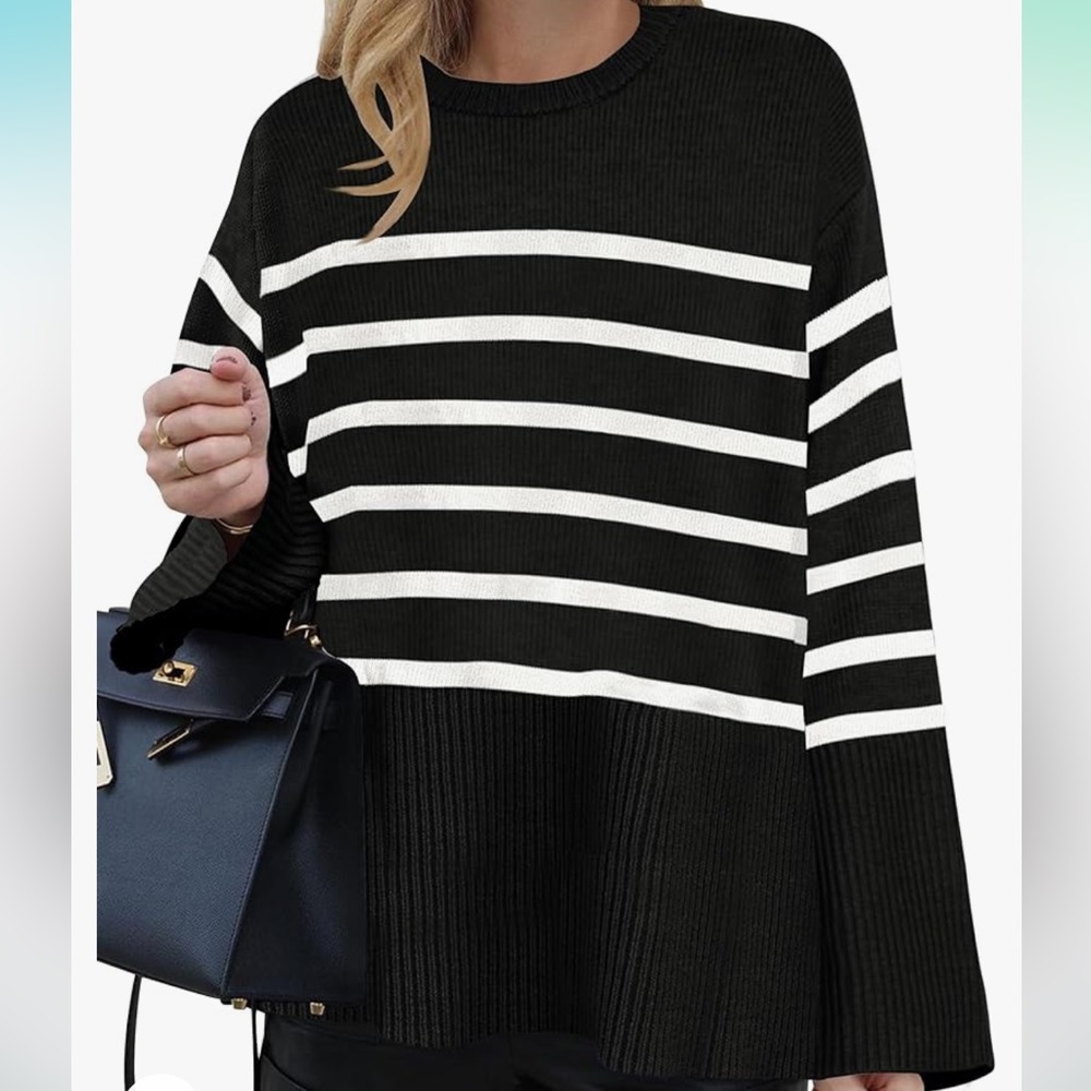 Like 🆕 Amazon Zesica black and white striped crew neck sweater with slit hems